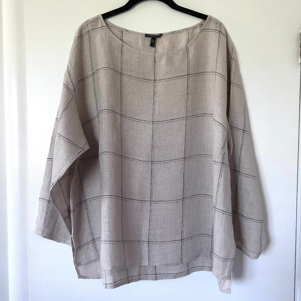 Eileen Fisher Organic Linen Top Tan Grid Boxy Windowpane Blouse Shirt, Size 1X